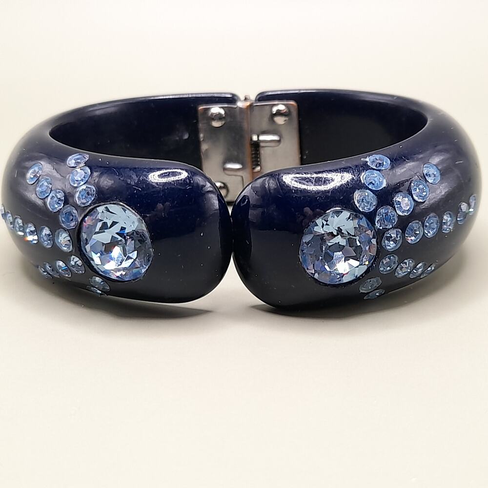 Vintage Lucite Rhinestone Hinged Bracelet Blue Black Weiss Style